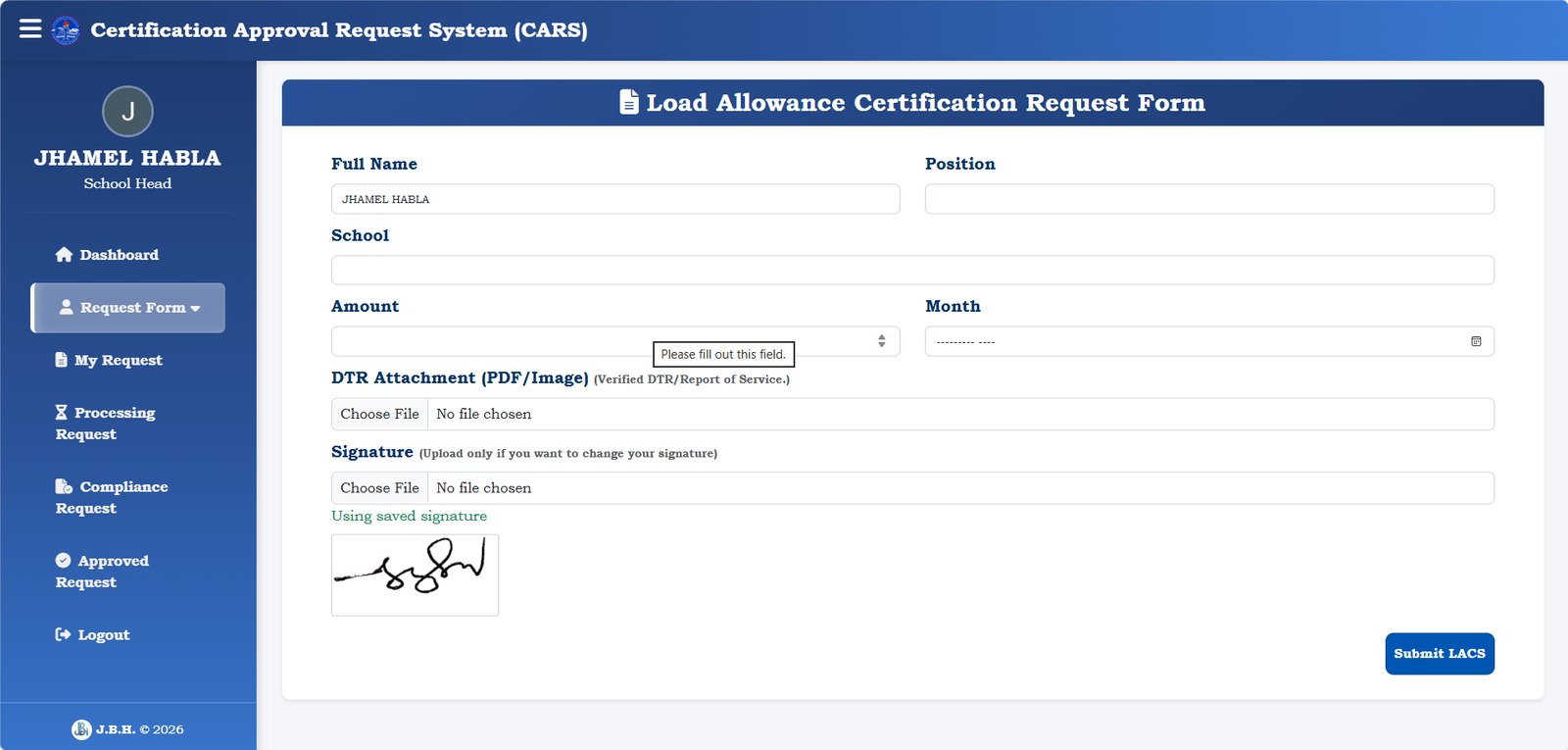 CARS—Certification Approval Request System screenshot