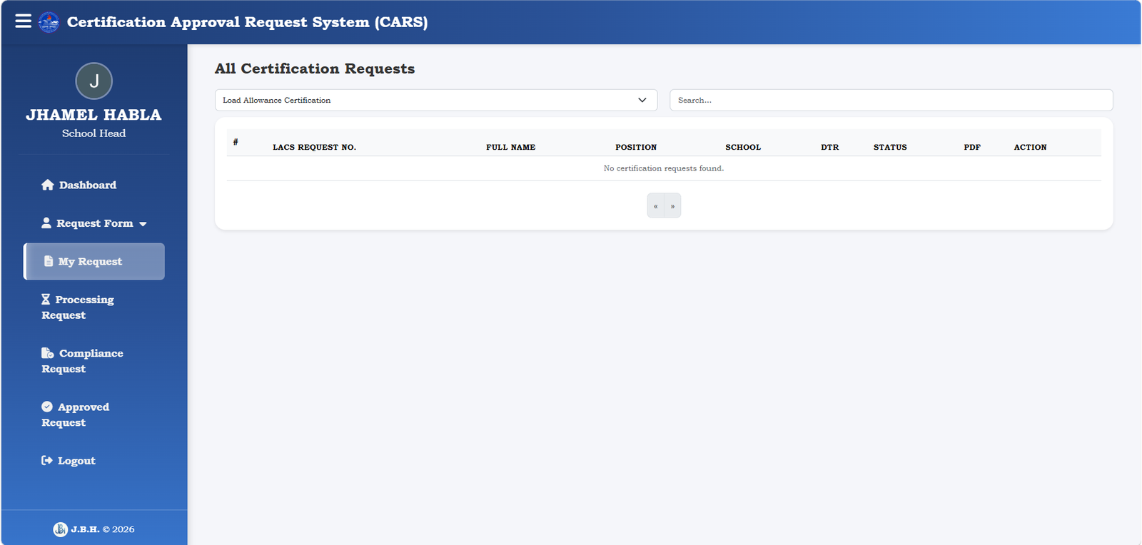 CARS—Certification Approval Request System screenshot