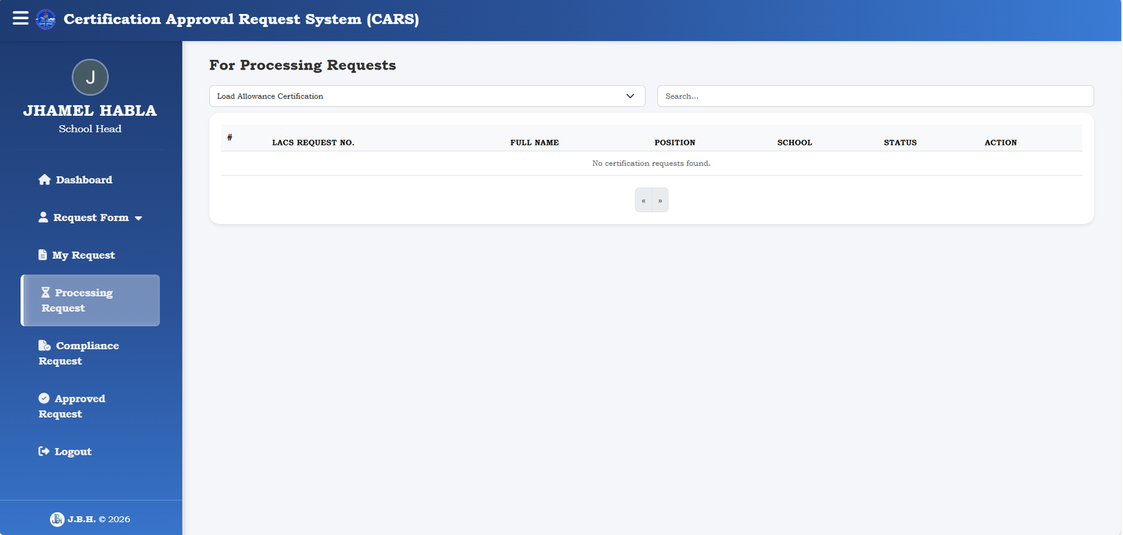 CARS—Certification Approval Request System screenshot