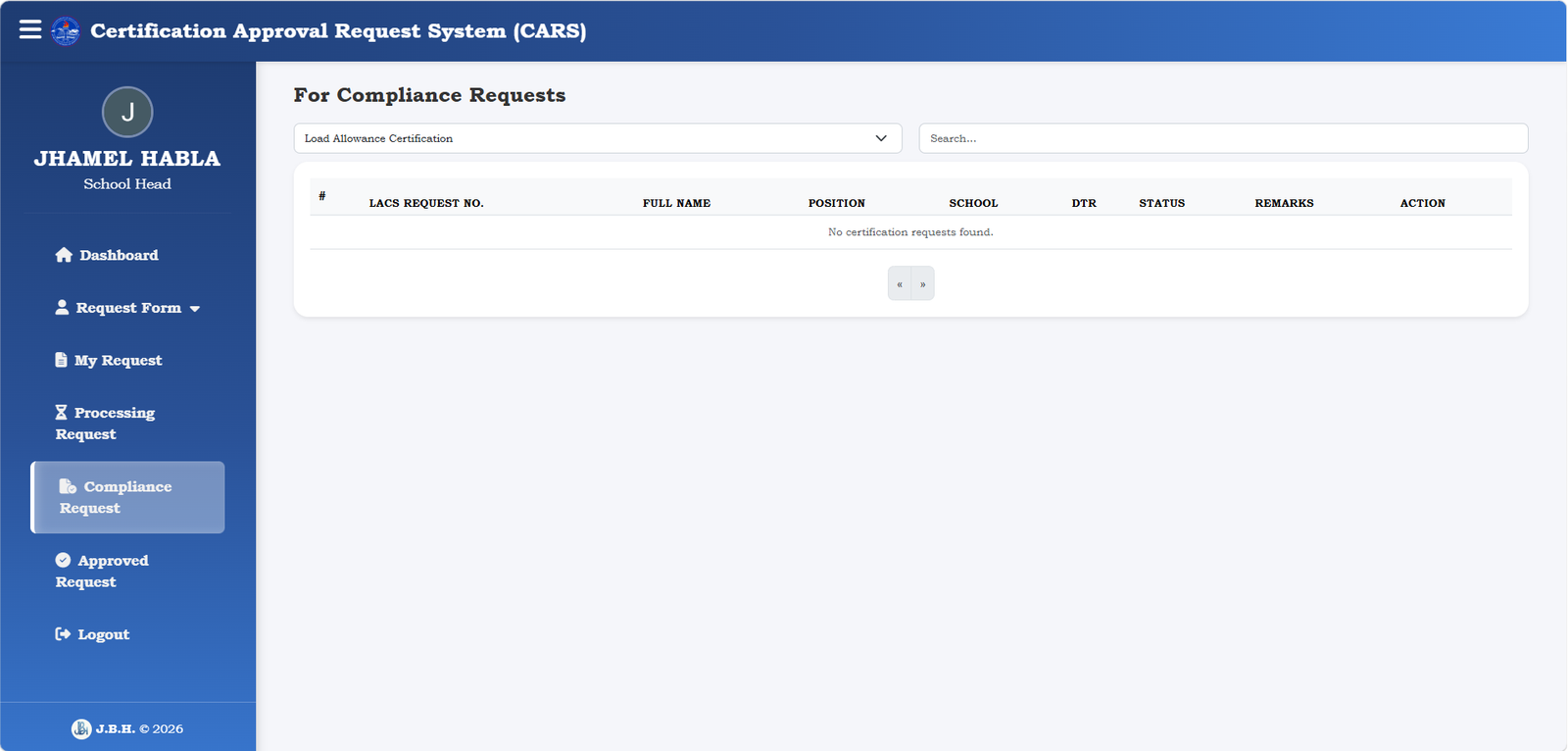 CARS—Certification Approval Request System screenshot